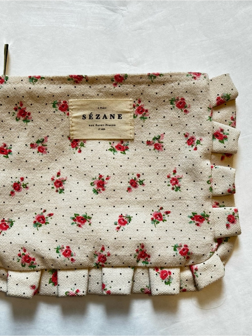 Sezane Floral Cream Makeup Pouch with Rose Print